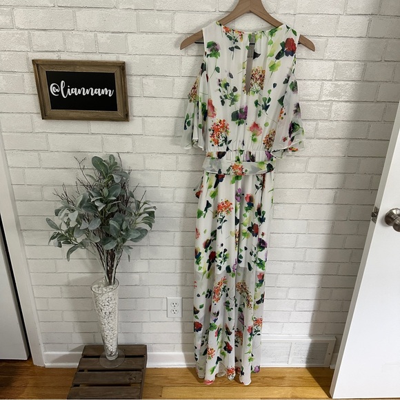 CALVIN KLEIN White Floral Cold Shoulder Belted Chiffon Maxi Dress - Picture 6 of 9